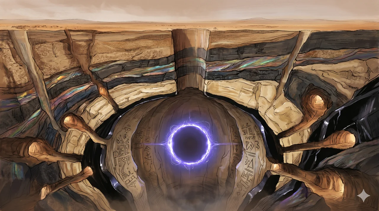 A cavernous underground chamber far below a barren desert surface, with a luminous energy gateway hovering at its center and tunnel shafts radiating outward