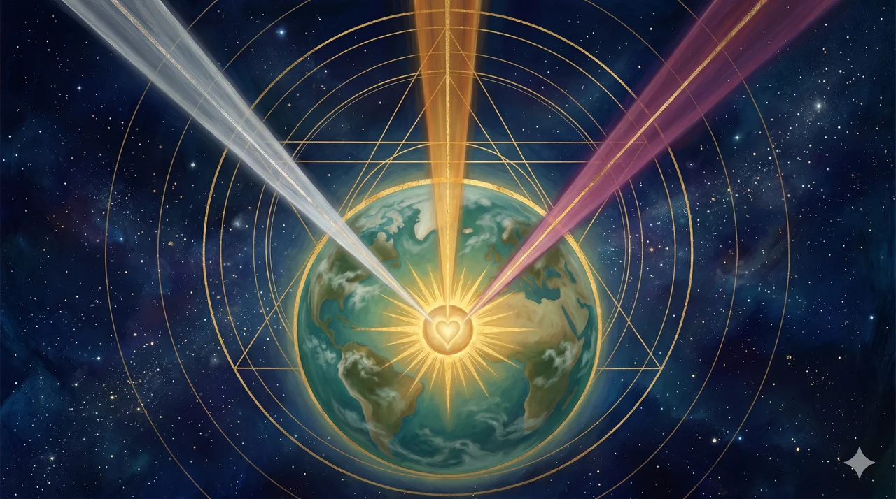 Three luminous rays labeled doing, making, being converging on Earth, restoring a golden kingdom around the planet