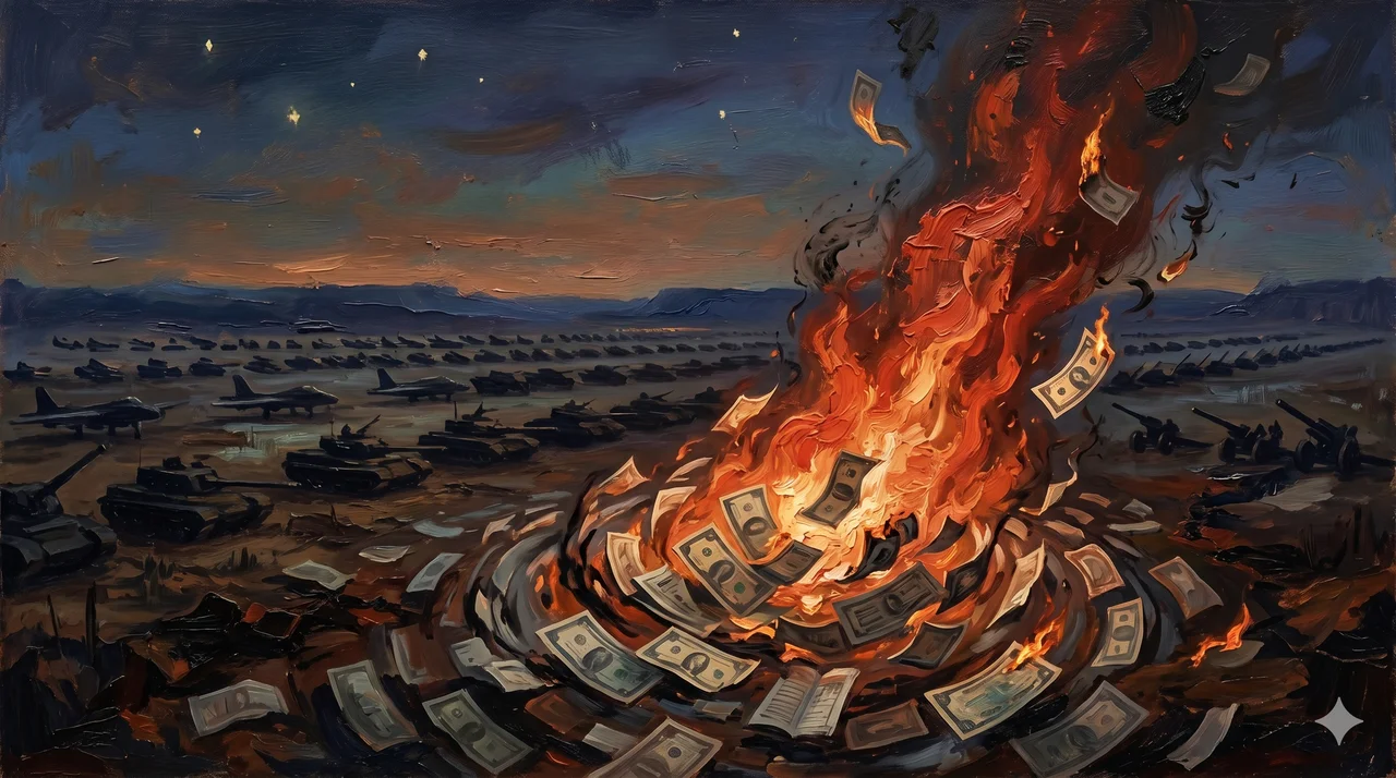 Stacks of war bonds and currency blowing away and catching fire over a battlefield map, with the daily cost figures floating above in smoke