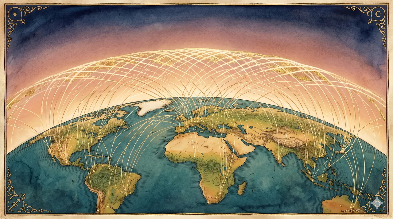 A luminous web rising from across the globe as countless small human hands plant seeds, carry wounded, share food, and embrace one another