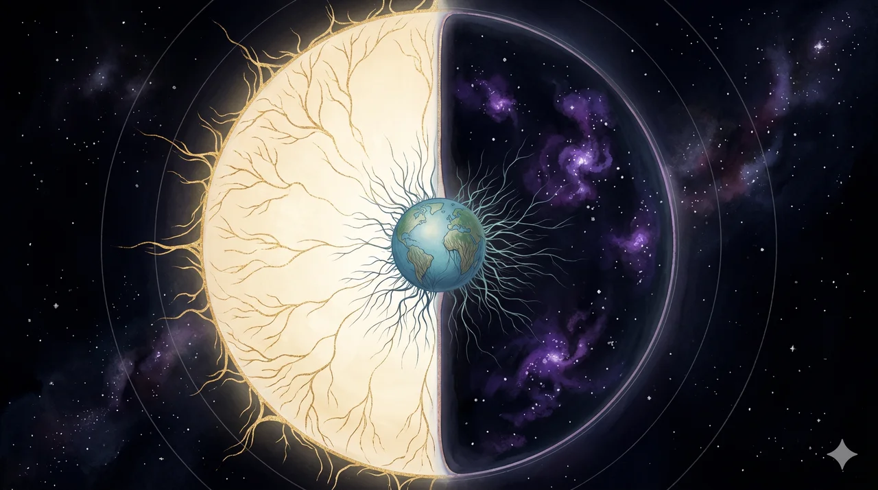 A single enormous photon split into light and dark hemispheres, with Earth suspended between them like the root system of a tree drawing from both