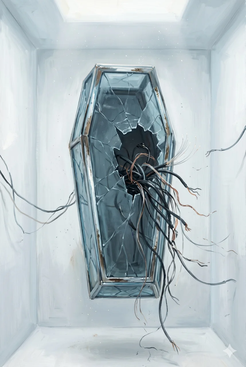 A glass coffin-shaped device with crystalline electronics inside, cracked open and dismantled in a dim facility