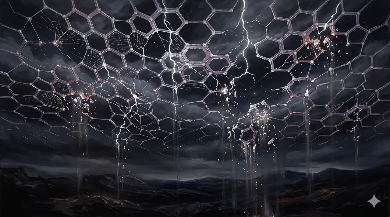 A vast branching network of luminous nodes labeled Alpha, Omega, and Astaroth cracking apart along its structural lines