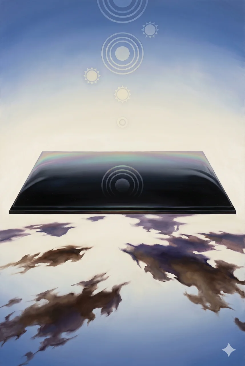 A polished mirrored plane reflecting artificial light and shadow upward through infinite layered planes, with Earth's solar plexus pulled down into its surface