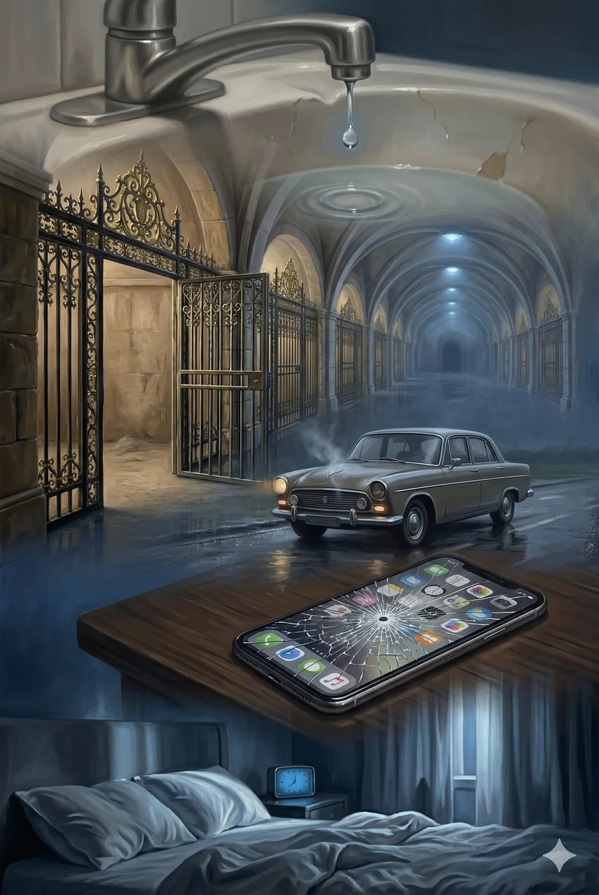 A portrait-format composite of small domestic disasters: a leaking faucet, a stalled car, a shattered phone screen, a sleepless bedroom lit by 3 a.m. moonlight