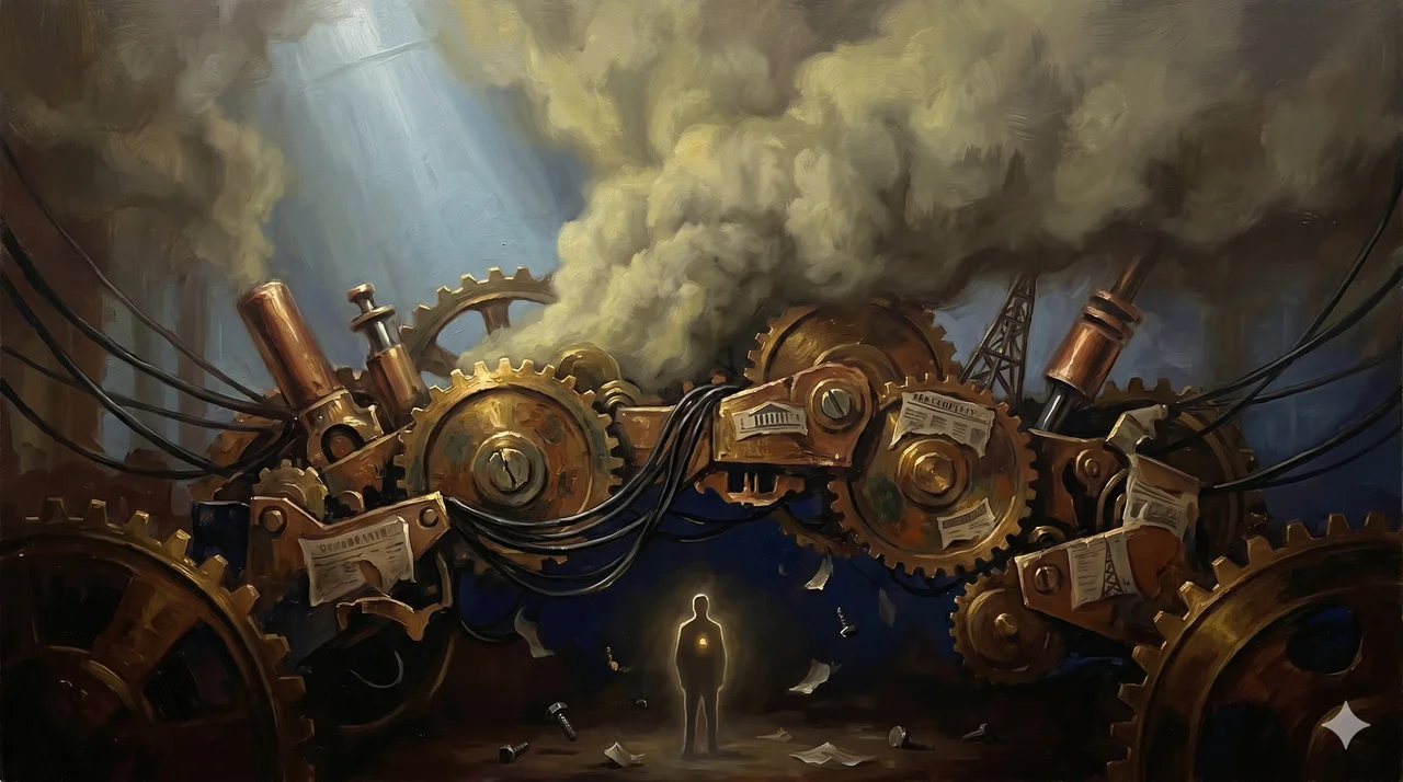 A vast grinding machine of gears and cables labeled with the surface headlines of geopolitics, its noise rising as a smokescreen over a single glowing human figure below