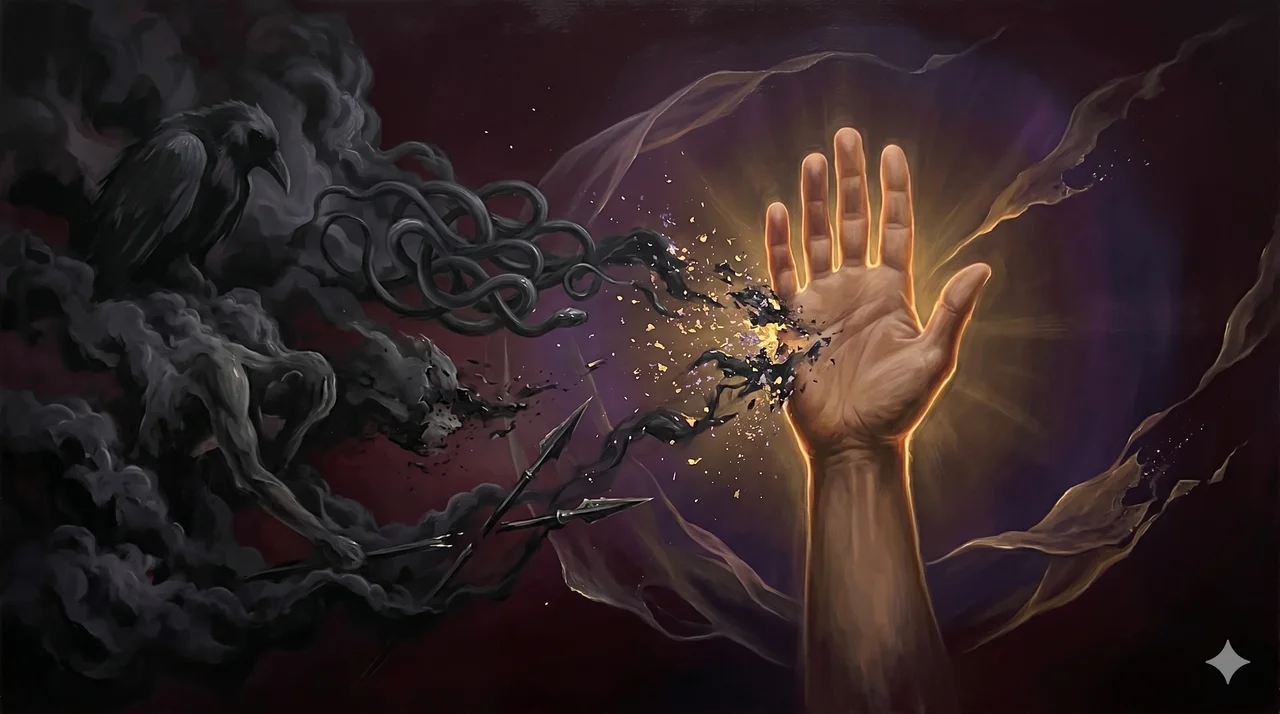 A human hand raised palm-outward against a cascading wall of shadowed symbols of guilt, shame, despair, and conflict, the symbols disintegrating on contact