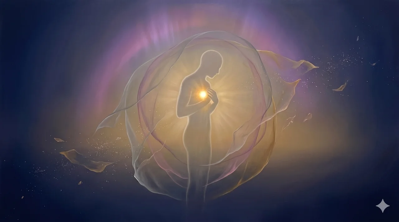 A human figure in silhouette turning inward toward a single point of golden light at their center, with layers of overlay and interlay dissolving around them
