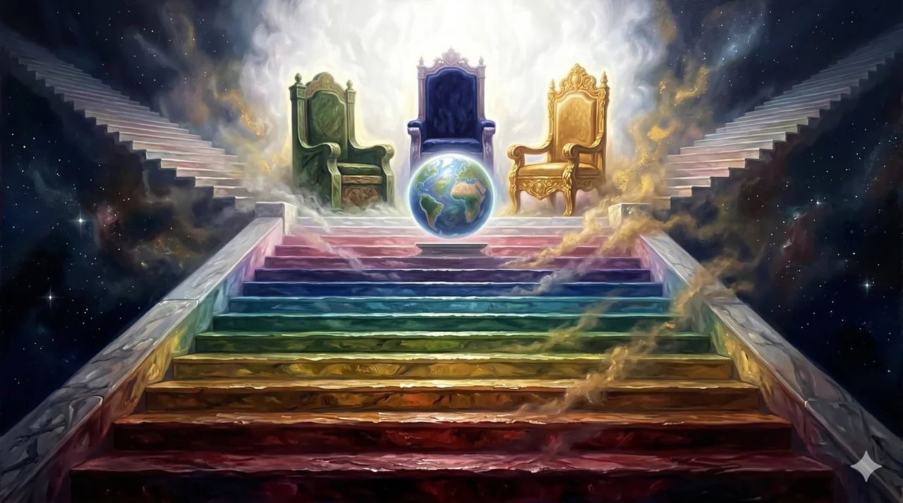 Three luminous golden thrones arranged in a triangle at the summit of a vast cosmic staircase, descending through nine tiers of light and shadow