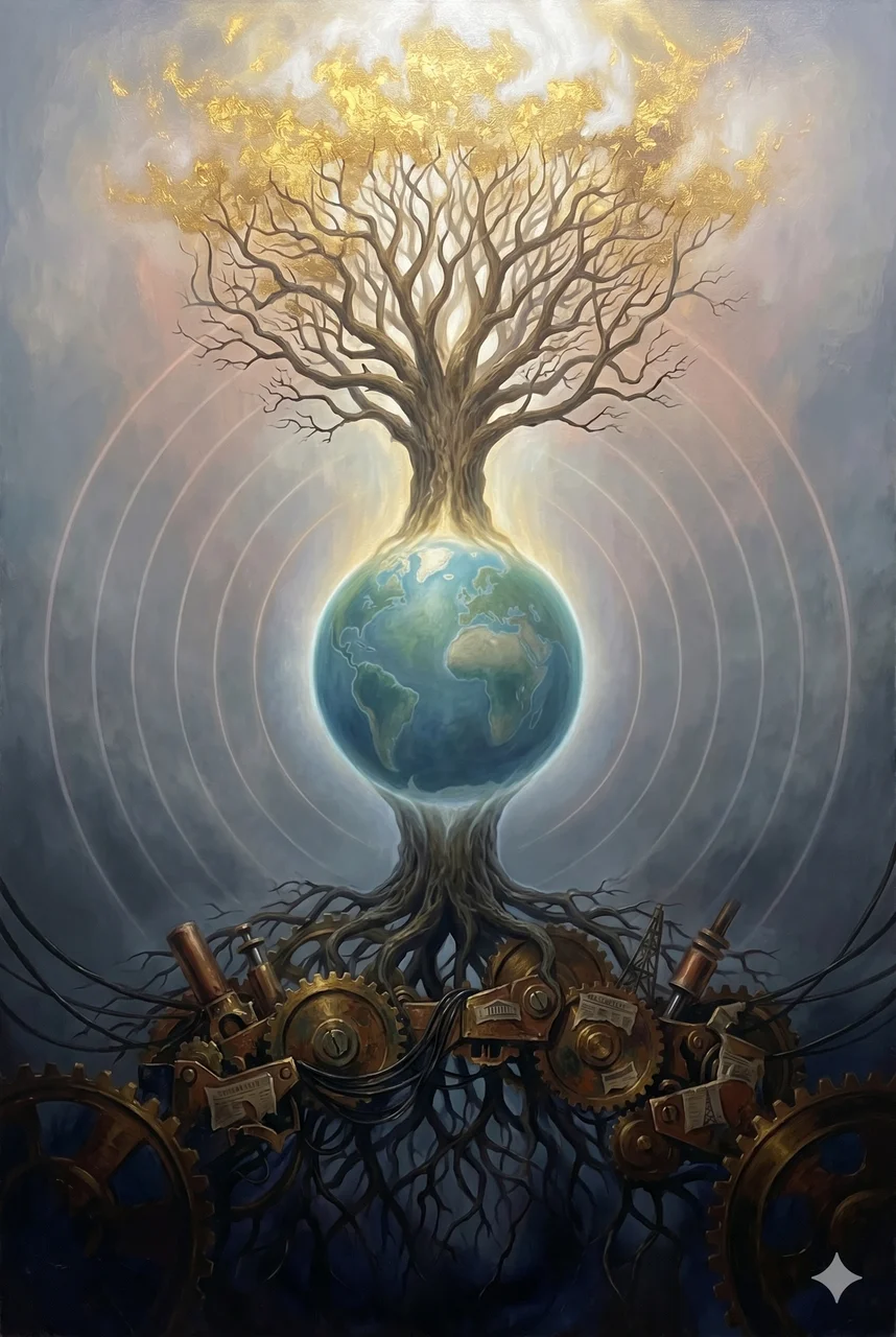 A luminous tree whose crown branches dissolve into golden Source light above while its roots descend into shadow below, with Earth at its center