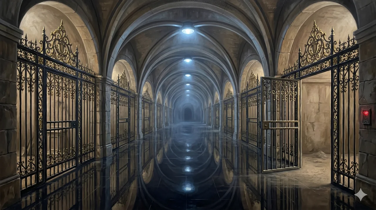 A cavernous underground vault with long rows of black-and-gold barred rooms, lit by cold overhead light, one room in the foreground standing empty