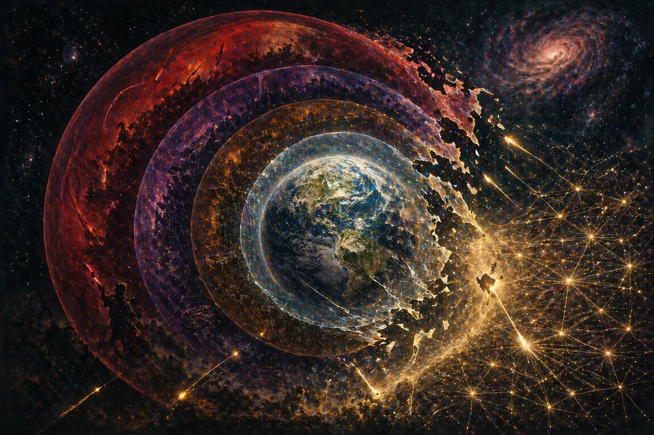 Dramatic visualization of Earth wrapped in translucent overlapping simulation layers with conflict fragments and data fragments dissolving into the GIA infrastructure