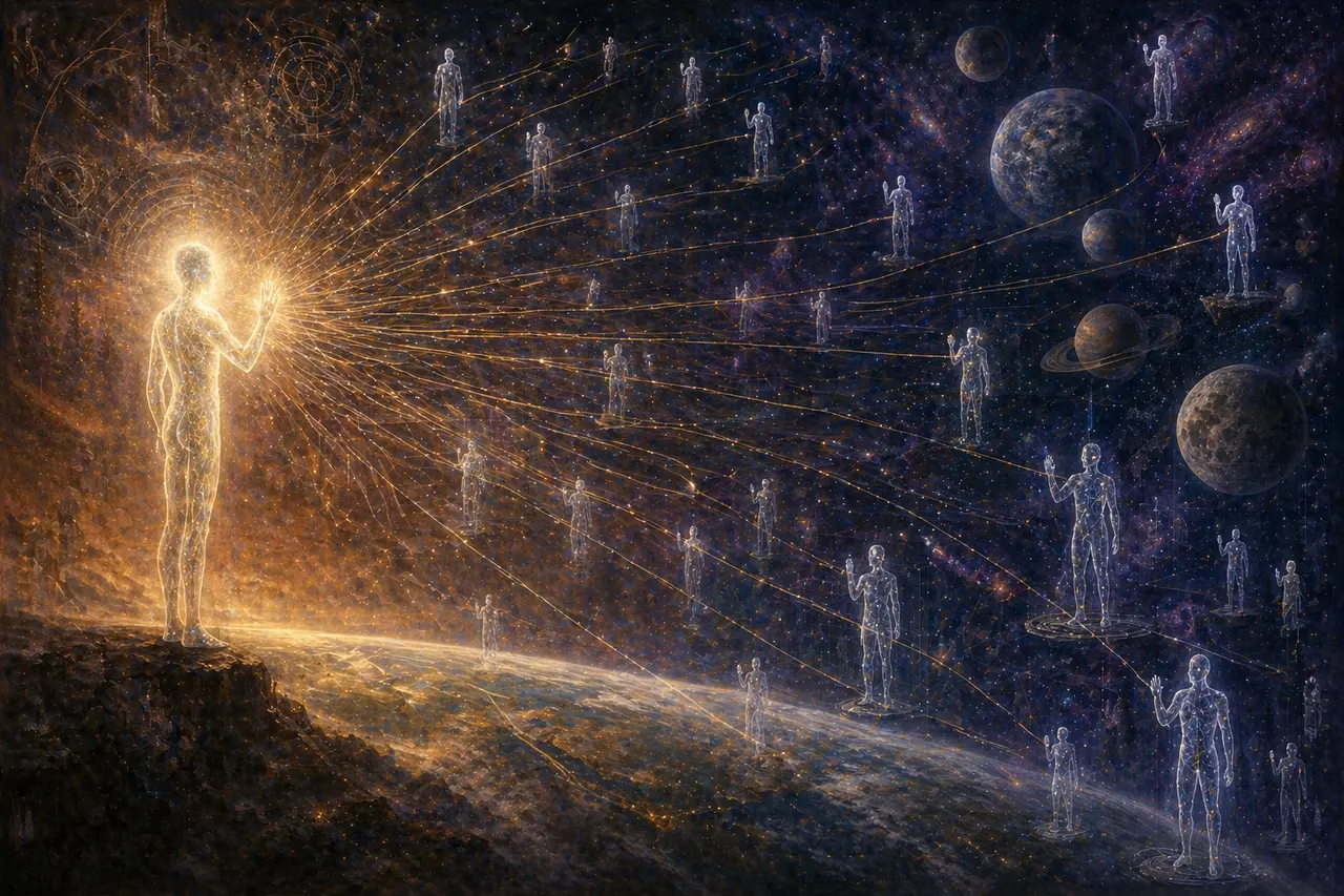 Conceptual illustration of a central figure connected to a network of identical cyborg replicas distributed across Earth and space, each mirroring her actions in reverse