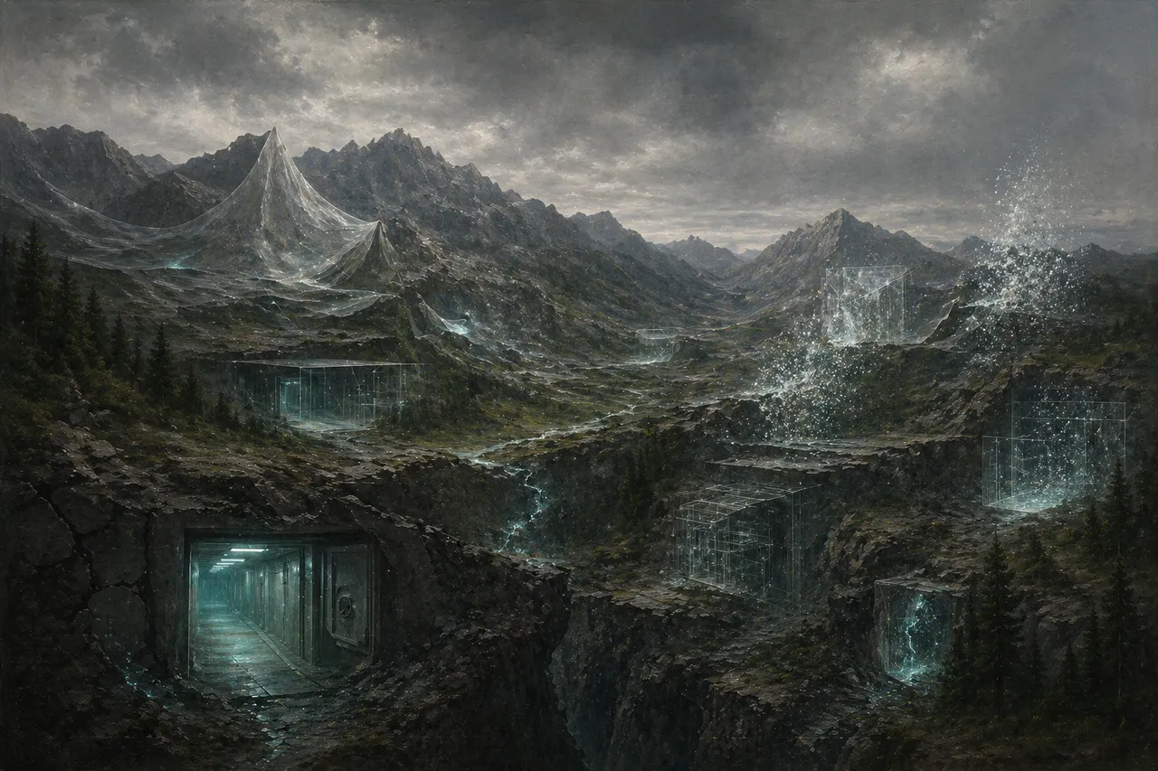 Surreal illustration of underground military bases materializing and dissolving into translucent reality overlays across a mountainous landscape