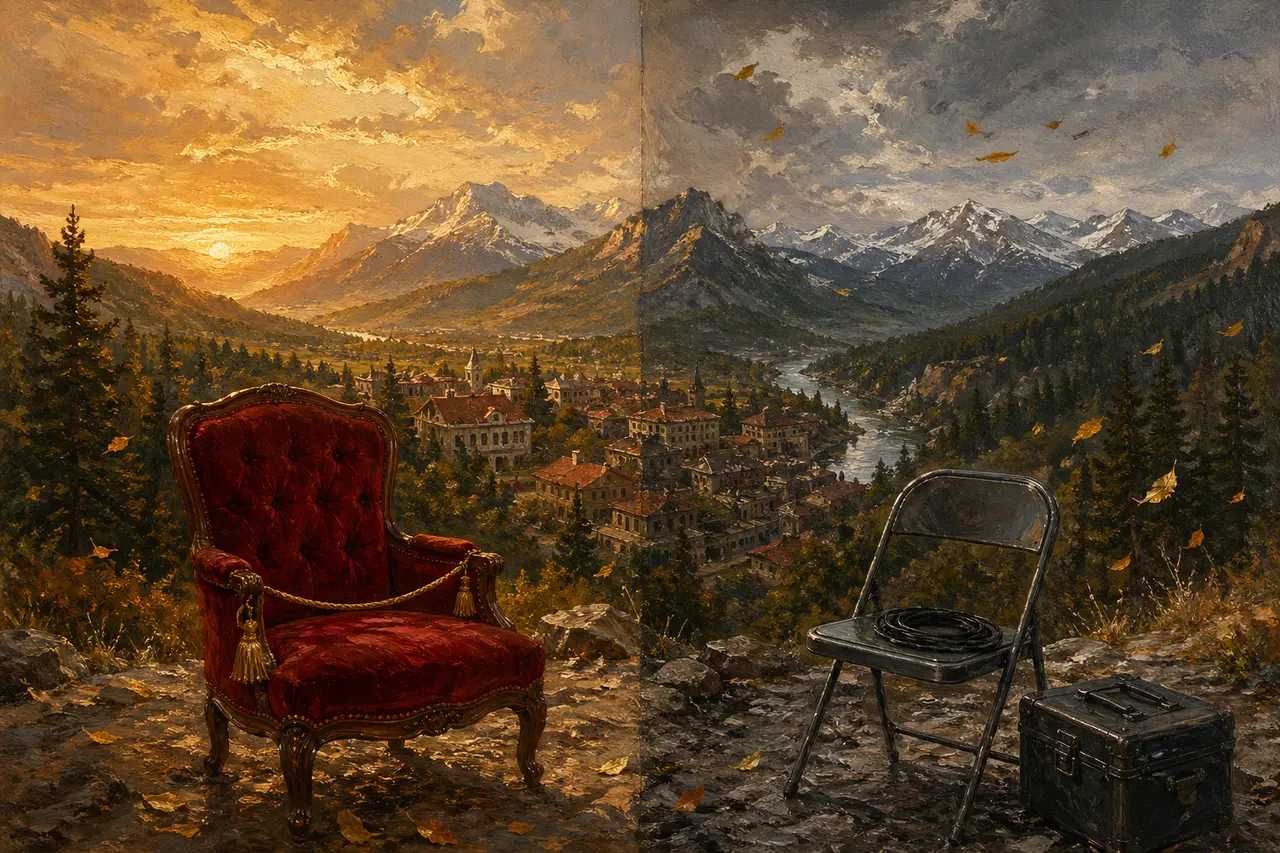 Stylized visualization of the Colorado mountain town of Durango with contrasting figures representing VIP guest status versus covert operatives
