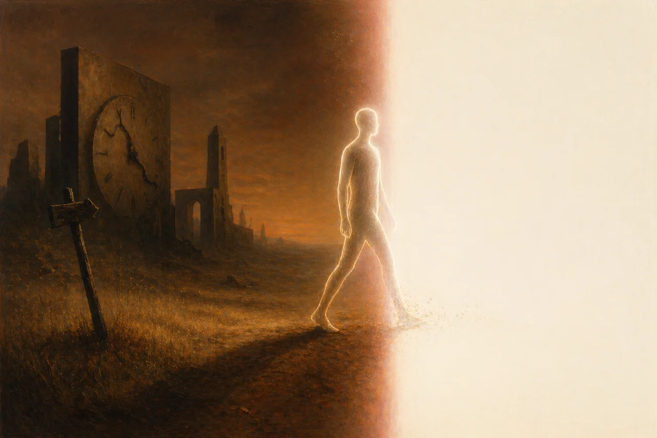 Abstract rendering of a figure stepping out of a time-bound reality into a featureless luminous void representing the nil zone of no-time