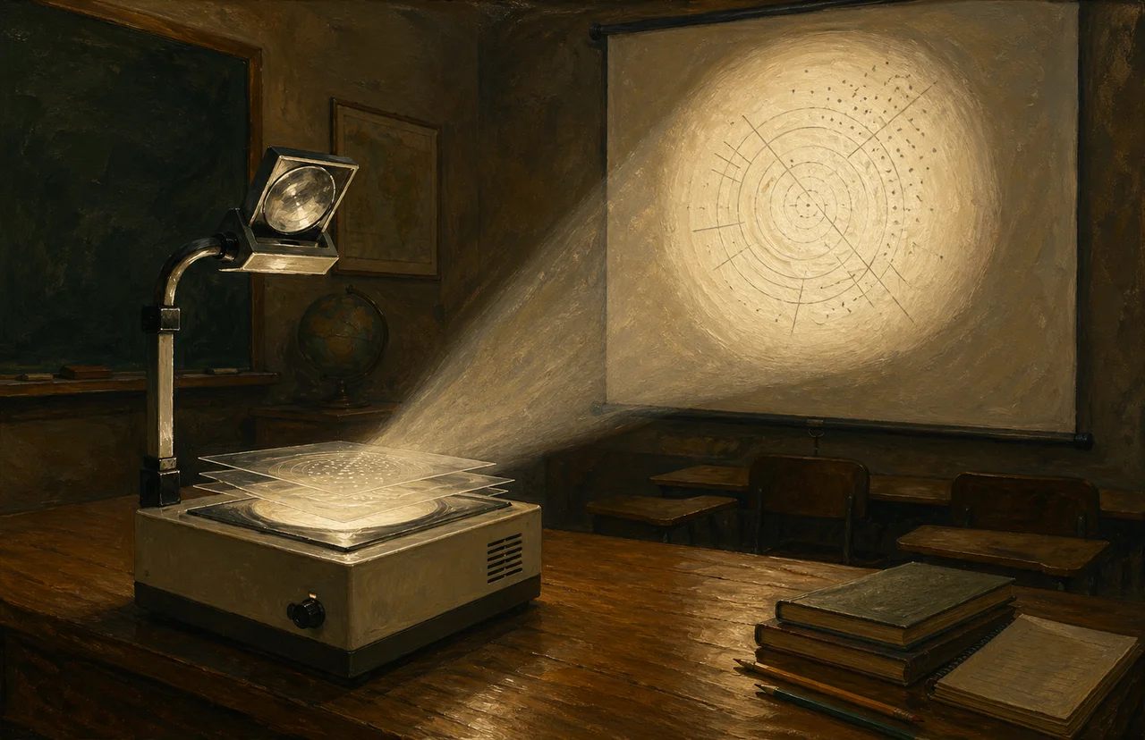 Diagram showing an overhead projector with multiple transparent acetate sheets stacked on top of each other, each adding new information to the projected image