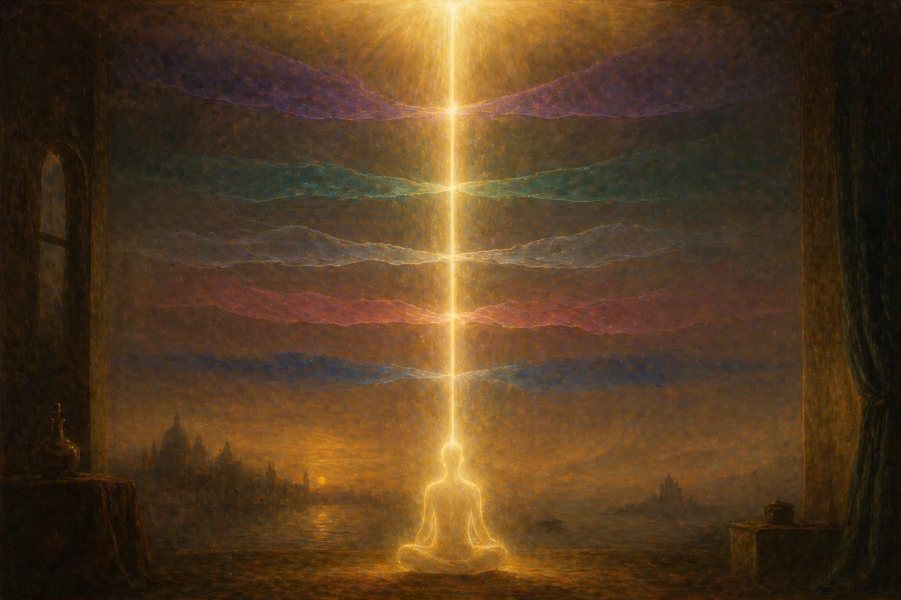 Warm luminous illustration of a meditating figure with a direct vertical beam of light connecting them to a radiant Source point, bypassing layered translucent overlays