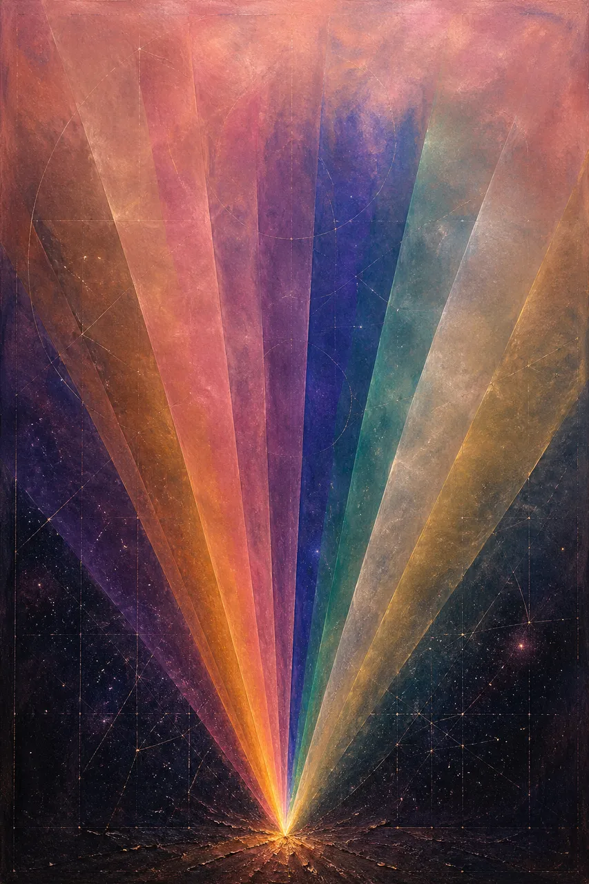 Abstract visualization of stacked translucent cones representing time simulation layers, each projected from a specific spatial locus