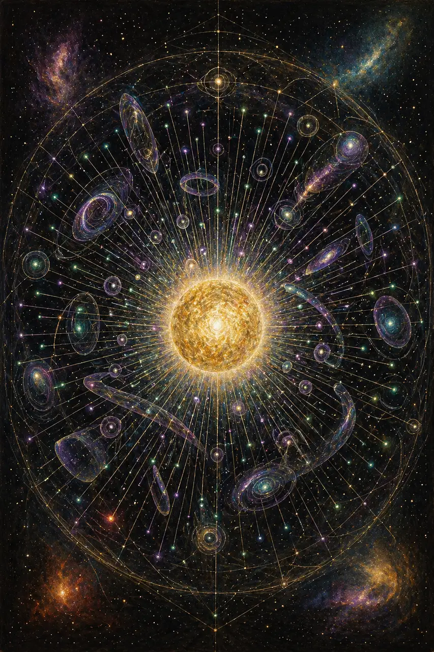Abstract visualization of a time reactor: central glowing core surrounded by radial rods with portals and wormholes orbiting through dimensional space