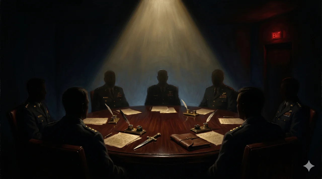 A dim conference room with a circular table surrounded by shadowed figures under a single cone of light, the atmosphere ceremonial and old