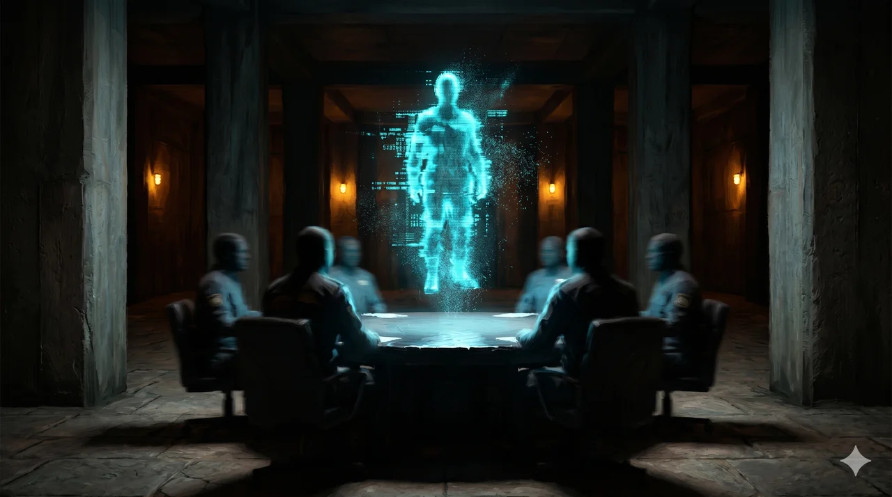 A translucent CGI figure flickering above a conference table ringed by uniformed operatives in a dim underground room