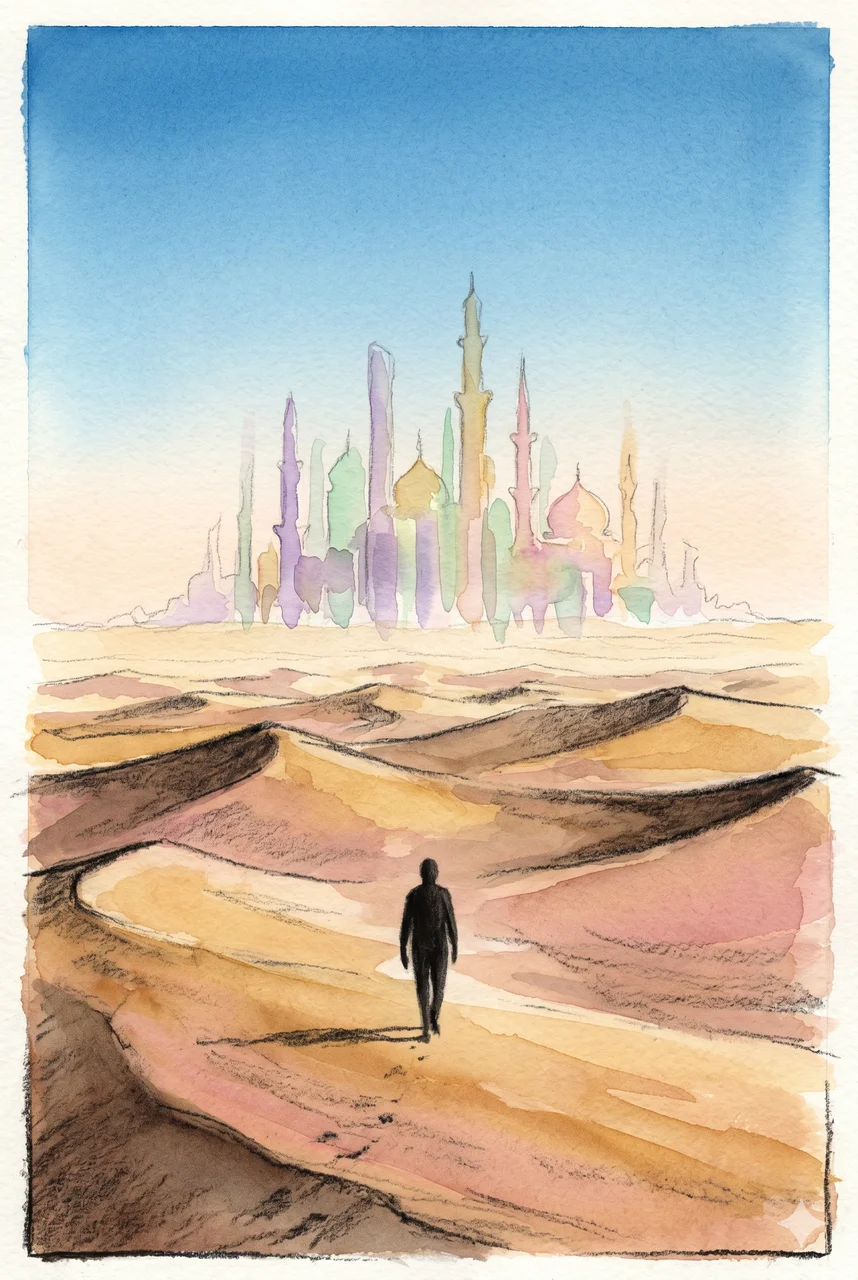 A lone figure walking through a desert toward a shimmering mirage of distant towers that never gets closer