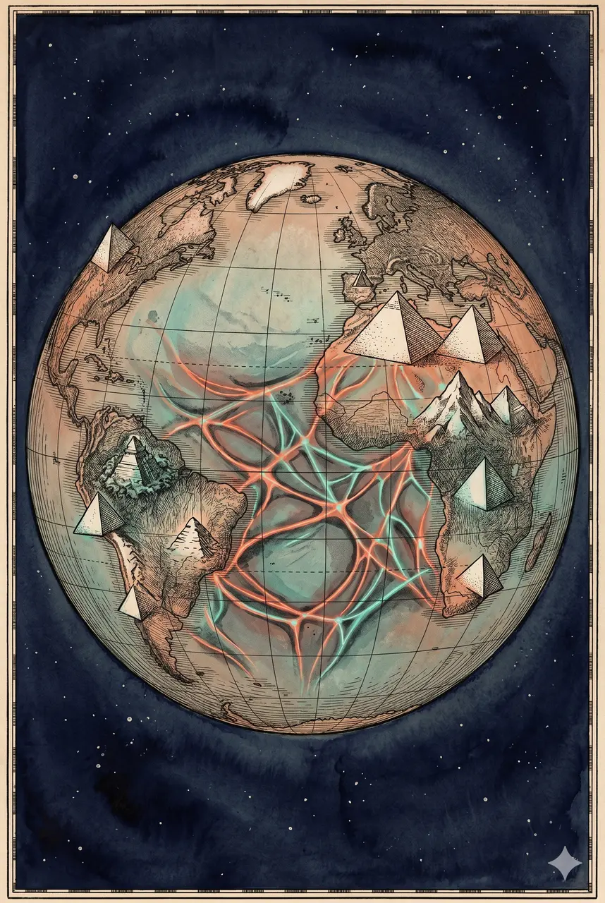A stylized view of pyramid silhouettes and tetrahedral mountain forms distributed across a stylized globe, pulses of light connecting them beneath the surface