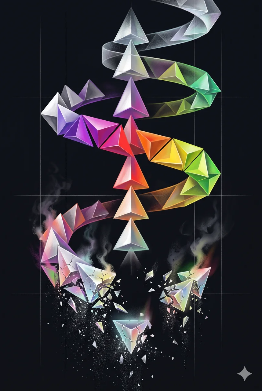 A vertical column of translucent tetrahedrons stacked into a ribbon-candy loop pattern, receding upward through gradients of artificial color