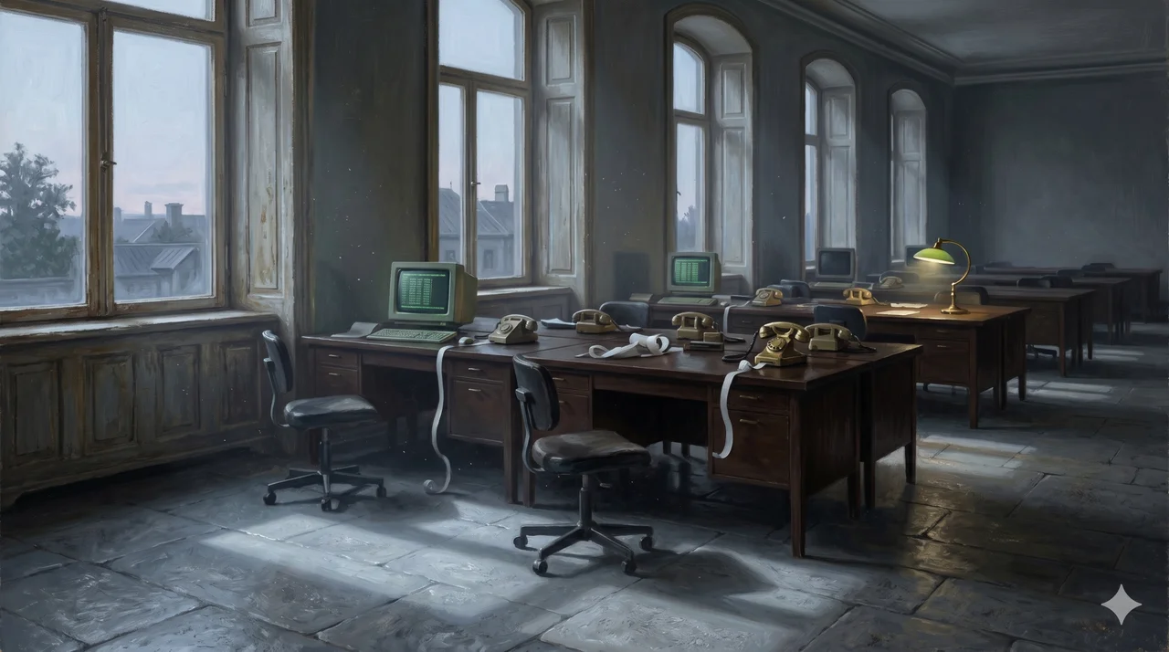 Empty trading desks in a Swiss bank office at dawn, unanswered phones and idle terminals