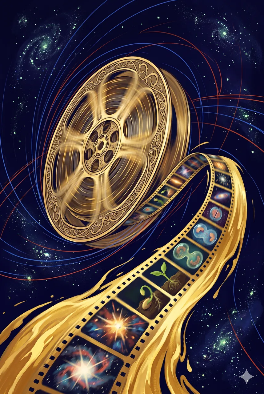 A film reel spinning into streaks of light, individual frames blurring into a gold current flowing off the edge of the page