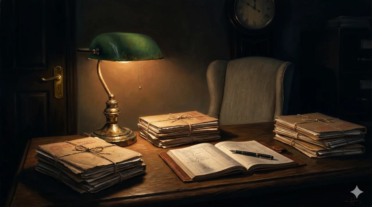 A dark office desk with stacked sealed folders marked with classification stamps, a single lamp casting shadows across a ledger