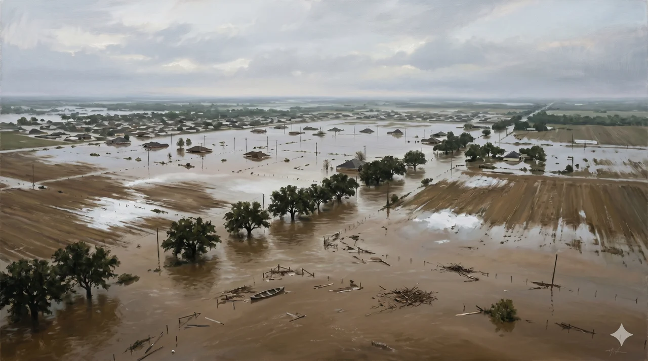 Aerial view of a flooded Texas landscape at dawn, swollen rivers cutting through farmland and neighborhoods