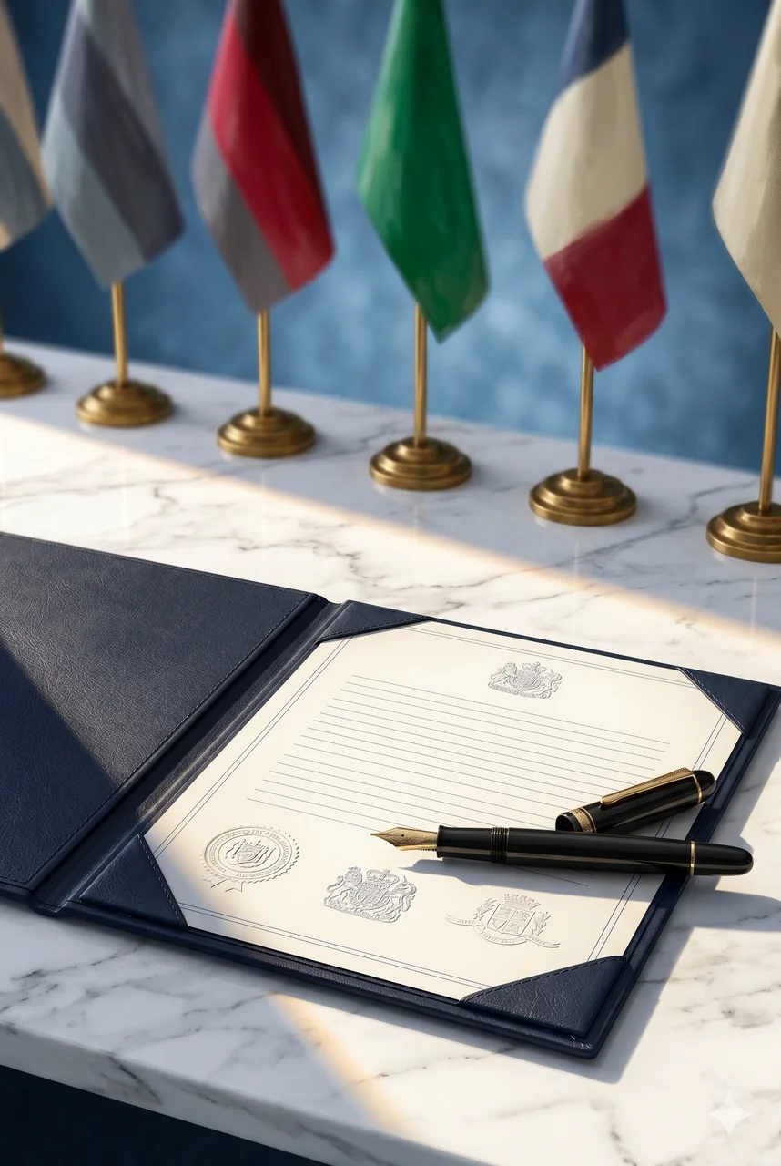 A formal UN registration document on a marble desk, flags of member nations blurred in the background, a fountain pen resting on the page