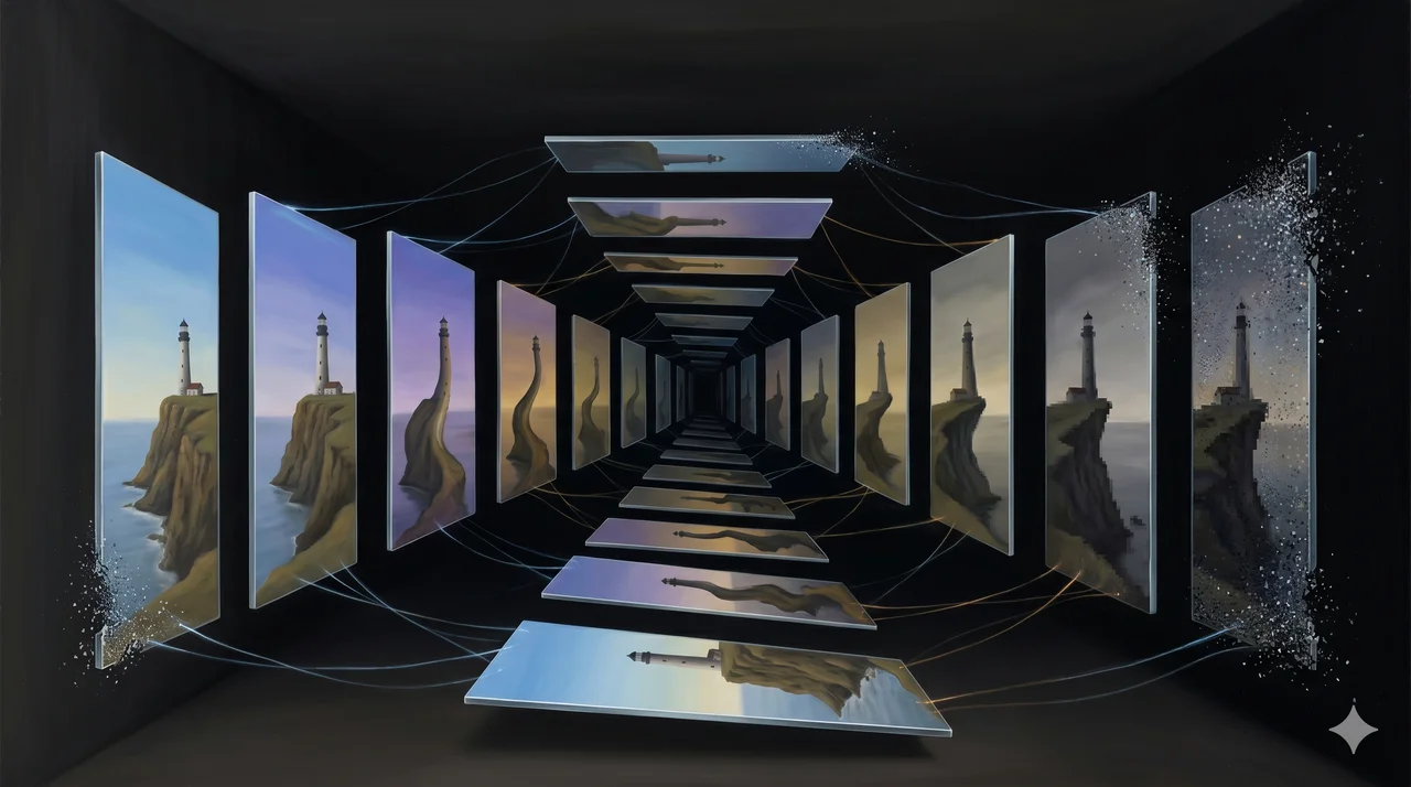 Cascading translucent mirror layers nested inside each other, each reflecting a slightly distorted version of a landscape, fading into darkness