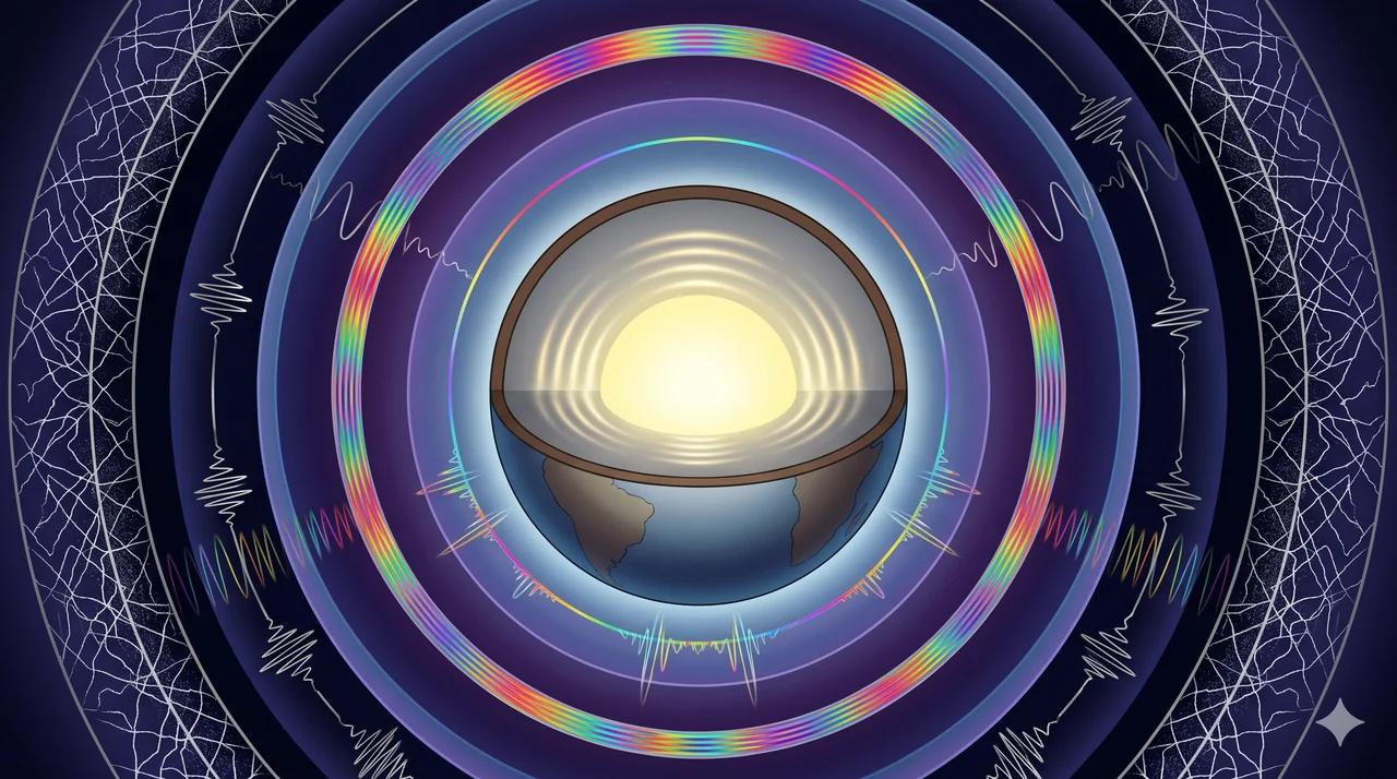 A cross-section diagram of Earth's atmospheric layers with colored frequency bands between them, pulses radiating outward from the planet's core
