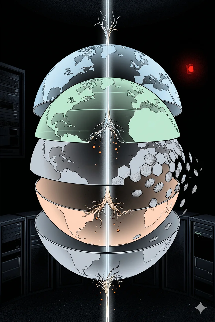 A holographic map of nested simulations threaded together by a luminous wormhole that is visibly fraying and collapsing