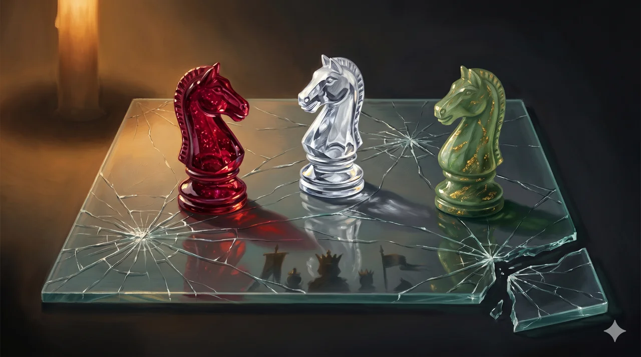 Three color-coded knight chess pieces (red, white, and green-jade) standing on a fracturing glass game board