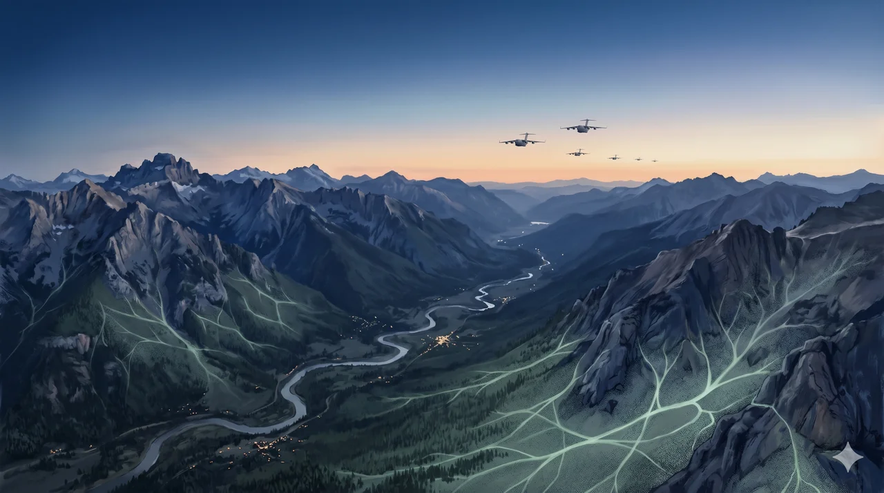 Aerial view of the San Juan mountain corridor at dawn with military cargo planes descending toward Durango