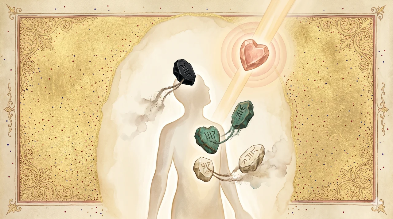 Three chakra stones lifting away from a silhouetted human figure while a single luminous heart stone descends to replace them