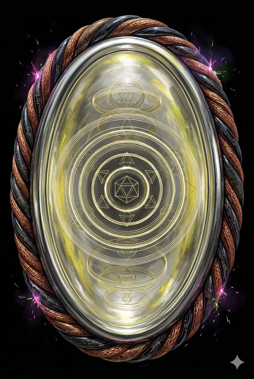 Abstract shimmering portal of false gold and false silver light with a reactor-scale geometric lattice