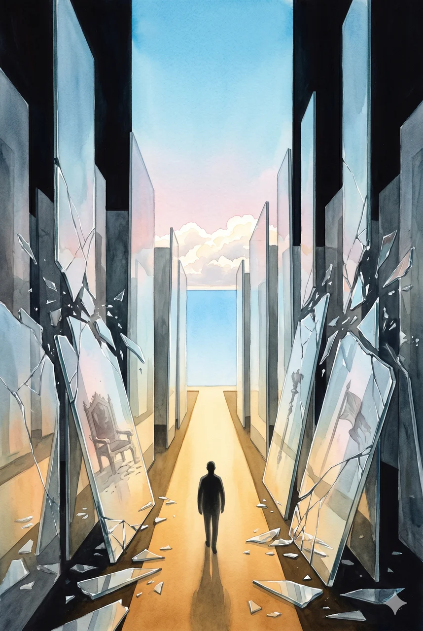 A small figure walking a clear lit path out of a collapsing maze of mirrors toward open sky