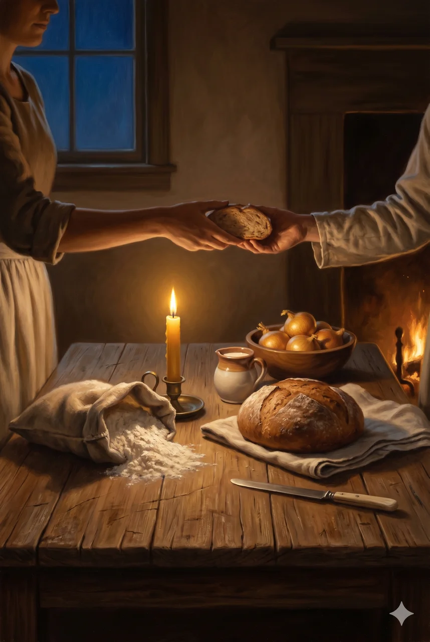 A warm candlelit kitchen table with a hand-milled grain sack, a simple loaf of bread, and hands passing food between softly silhouetted figures