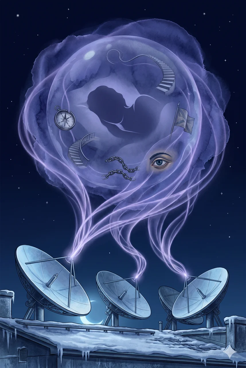 Satellite dishes tilted toward a sleeping figure, with glowing tendrils of light threading down into the soft outline of a dream-space around the pillow