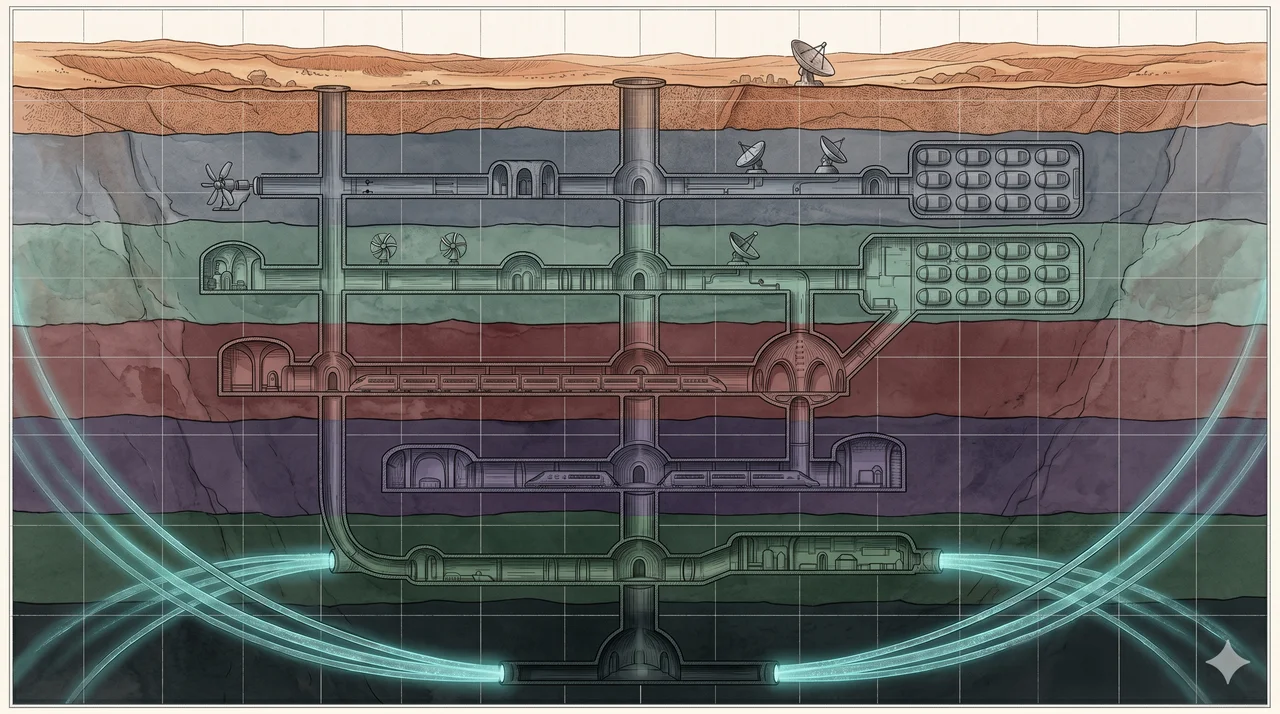 A cross-section illustration of subterranean corridors with nested color-coded levels descending deep beneath the earth, each level smaller and darker than the one above