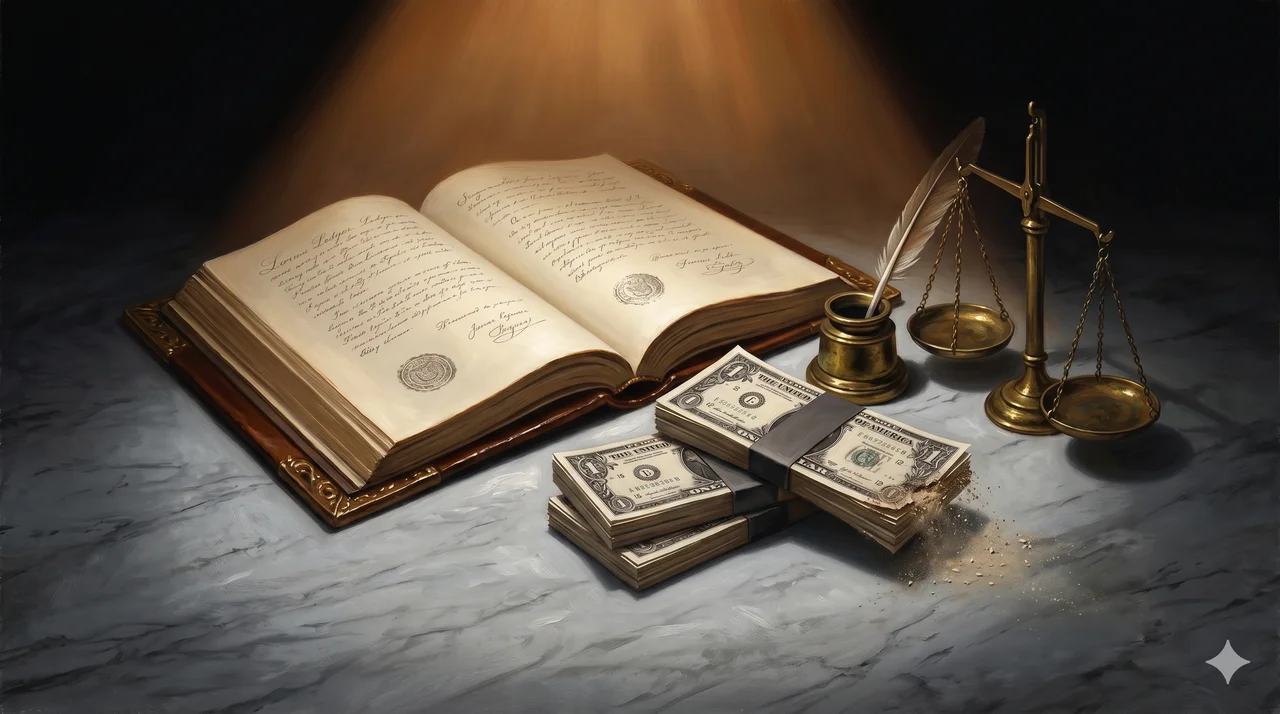 An ornate ledger lies open beside stacks of forged paper currency on a cold marble floor, long shadows stretching across the stone