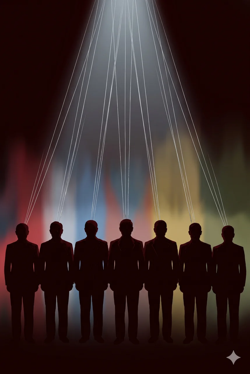 A row of shadowed puppet silhouettes shaped like heads of state, with fine control wires rising from each into a dark space above