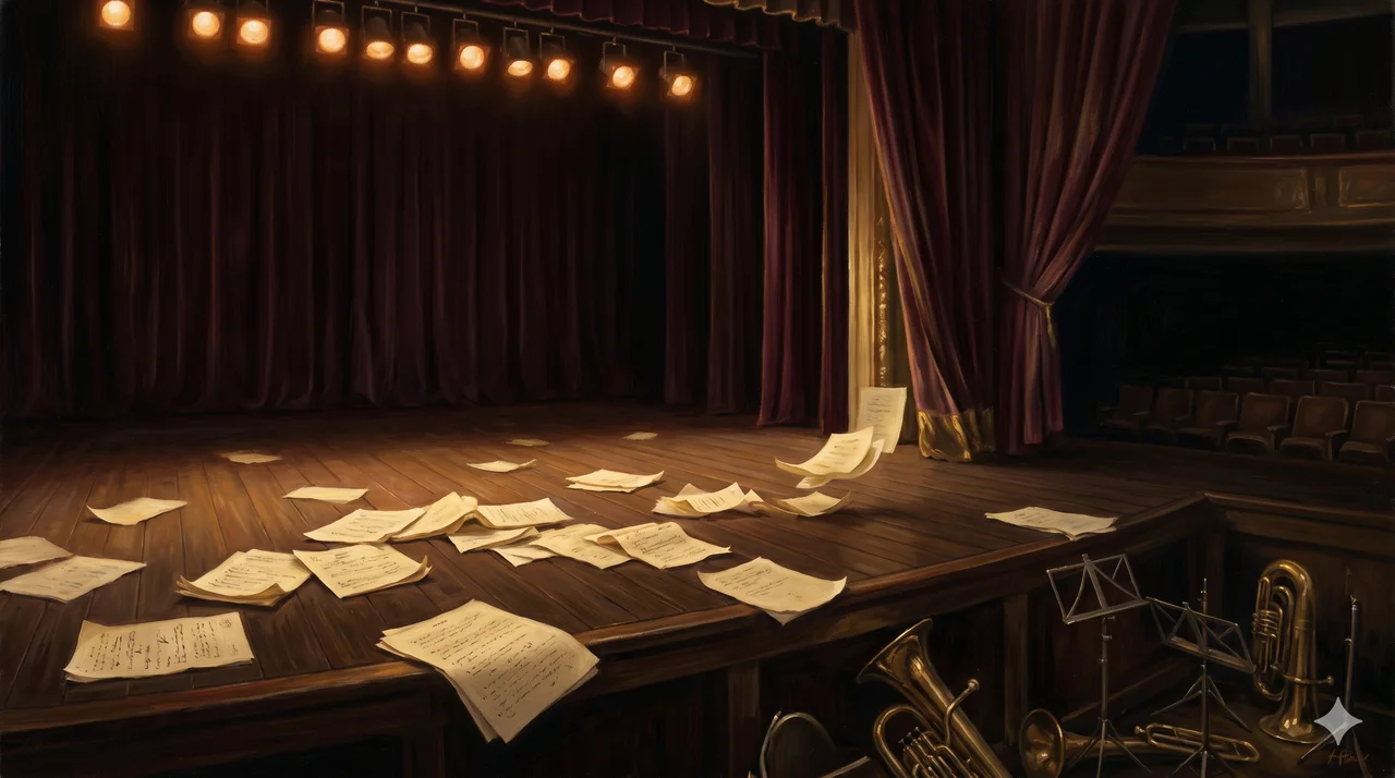 An empty theater stage with script pages scattered across the boards and overhead lights just beginning to warm up, no actors yet in place