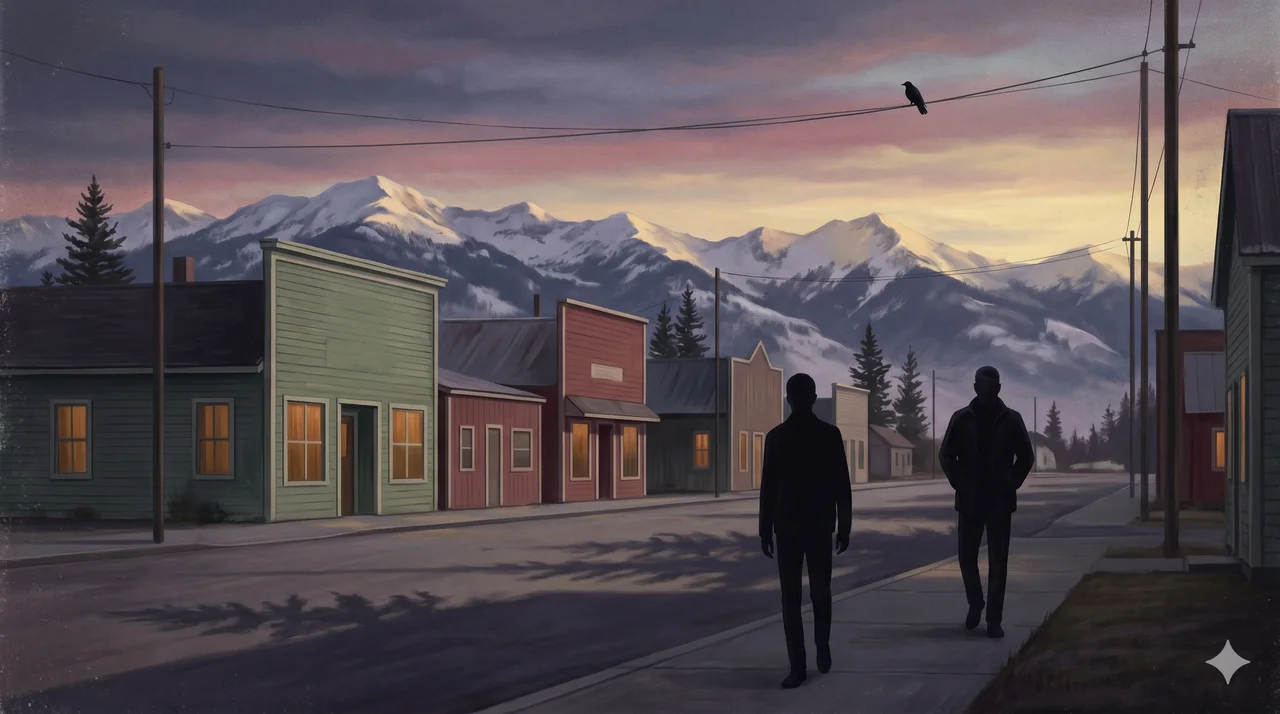A lone figure walking through a small mountain town at dusk with a silent escort shadow trailing a half-step behind, mountain ridges rising beyond the rooflines