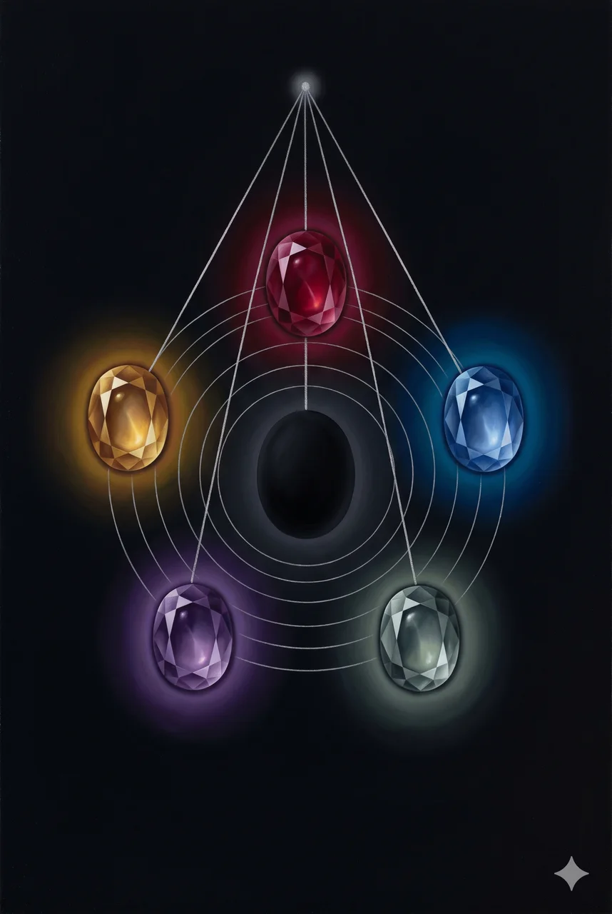 Five color-coded kingdom stones arranged around a central black reactor stone, each stone tethered upward by a silver thread toward a single point above